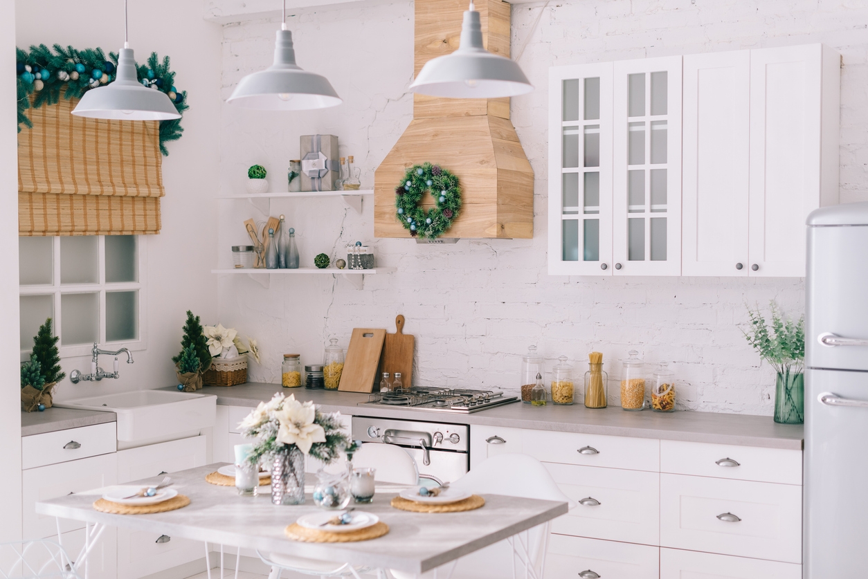 Interior of a bright modern kitchen in vintage style, decorated with Christmas decor in Mountain House